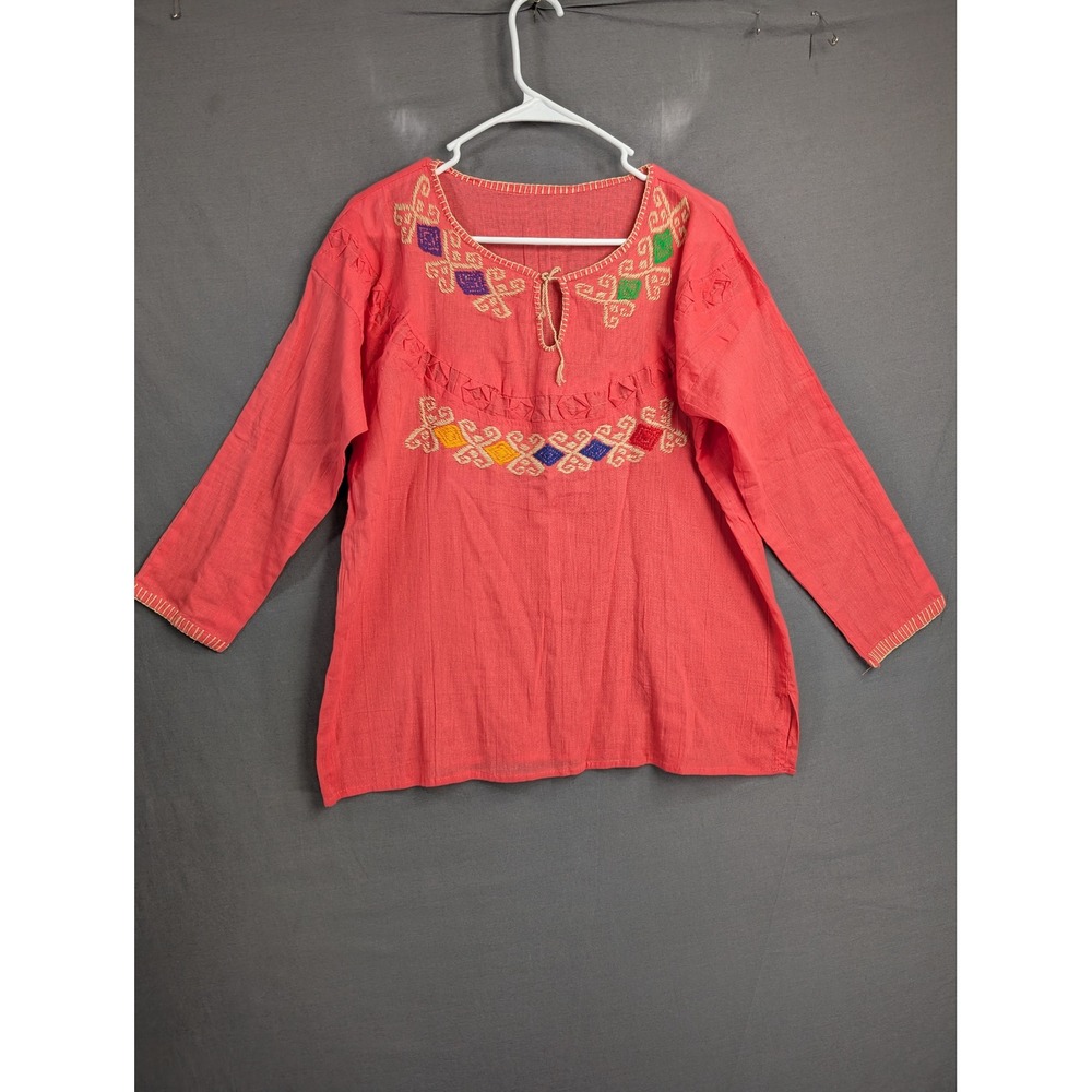 Vintage Embroidered Boho Peasant Blouse Pink One Size 8469